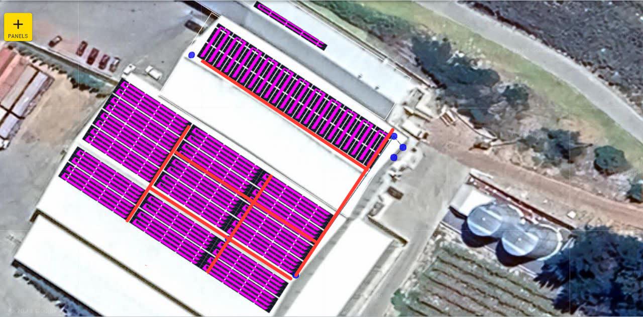Satellite view of the roof with the solar panel layout and cable routes marked